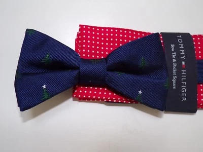 Tommy Hilfiger Azul Pajarita Bolsillo Cuadrado Set Árbol de Navidad Seda Nuevo Foto 1 de 3