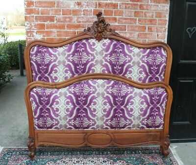 Antique Carved Walnut Louis XV Full Size French Bed ~Purple & White Upholstery~ • 1850£
