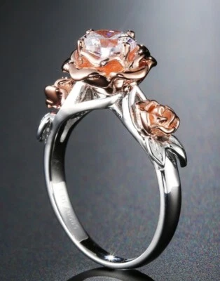 Anillo solitario topacio blanco genuino 18K RG sobre plata esterlina rosa flor talla 6 Foto 1 de 4