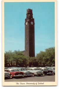 Postcard The Tower University of Detroit 1950s Clock Tower Classic Cars Michigan - Picture 1 of 2