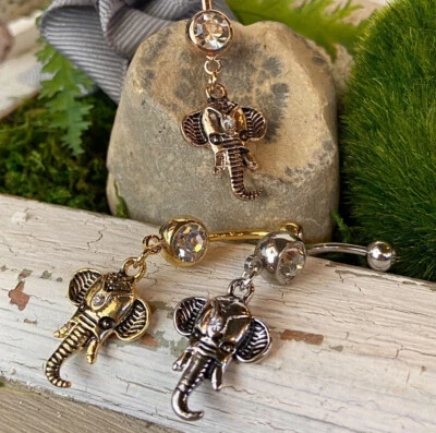 1pc Elephant Dangle Double CZ Gem Belly Ring Pierced Navel Naval - Image 1 of 2