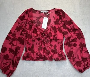 Lush Floral Crop Top Blouse Sz Medium Bohemian Fairy Babydoll Red Raspberry NWT - Picture 1 of 10