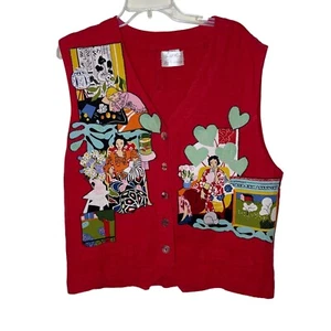 Judy Waltz Joy In Design Vest Womens Vintage Size XL Red Linen Applique Handmade - Picture 1 of 10