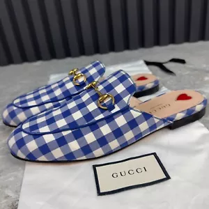 Gucci Princetown Horsebit Mules White Blue Plaid Gingham 7.5 US or 37.5 EUR - Picture 1 of 19