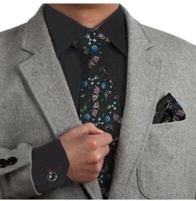 Juego de corbata, gemelos y pañuelo de algodón floral verde oscuro Dan Smith C.C.N.A.030 Foto 1 de 4