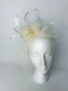 Facinator Headband Hat Handmade Ivory Feathers Net Holiday Special Occassion - Picture 1 of 4