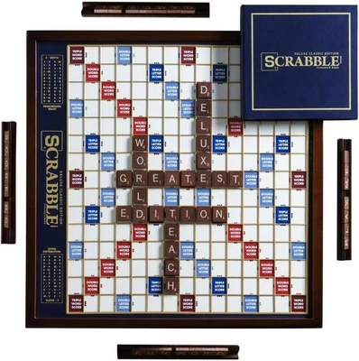 Scrabble Deluxe Edition w/ Deluxe Rotating Wooden Game Board NEW - Image 1 of 4