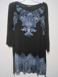 Vanilla Star Women's Large Black & Blue Paisley Medium Sleeve Beaded Rayon Dress - Picture 1 of 8