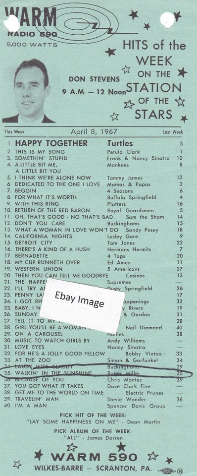 WARM Wilkes-Barre Scranton PA Top 40 Radio Music Survey 4-8-67 Monkees #4 A Litt - Image 1 of 1