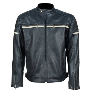Men’s Black Leather Biker Jacket with White Stripe | Cafe Racer Style | Genuine - Picture 1 of 5