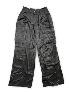 Alice + Olivia Damen schwarz glänzend Satin weites Bein Cargohose Größe 4 - Bild 1 von 5