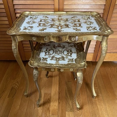 2 Vintage Gold Gilt Italian Florentine Hollywood Regency Nesting Tables Set 50s - Image 1 of 4