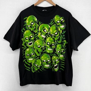 GREEN SKULL PILE Shirt Mens XL LIQUID BLUE 2001 Short Sleeve Cotton Y2K Black - Picture 1 of 14