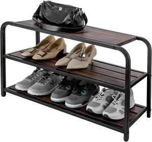 Estante para zapatos de madera negra de metal y marrón de 3 niveles, almacenamiento independiente de zapatos con ganchos - Imagen 1 de 7