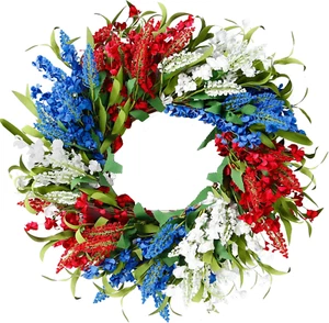 21Inch 4Th of July Patriotic Day Wreath with Artificial Floral Red Blue White... - Picture 1 of 7
