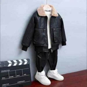 Boy Winter Lapel Plus Coat Autumn Thick Leather Jacket Child PU Jacket Kids Tops - Picture 1 of 15