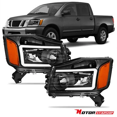 Black Headlight w/ LED Bar Clear Lens for 2004-2015 Nissan Titan 2004-07 Armada - Image 1 of 4