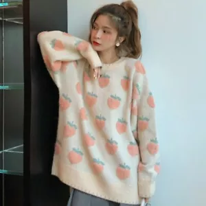 Women Lolita Sweater Jumper Peach Strawberry Graphic Pullover Knitwear Cute Pink - Picture 1 of 14
