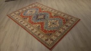 5x8 KAZAK CAUCASIAN GEOMETRIC VEGETABLE DYE HANDMADE-KNOTTED WOOL RUG 585002 - Picture 1 of 13