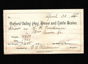 OPC 1900 Pennsylvania Oxford Valley Hay Straw and Cattle Scales Invoice - Picture 1 of 1