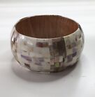 Wide chunky mother of pearl shell mosaic on wooden bracelet natural cream ivory