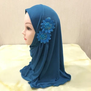 Kids Girls Hijab Islamic Headscarf Flower Decors Muslim Children Shawl Head Wrap - Picture 1 of 26