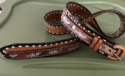 Vintage Tooled Stitched Western Cowboy Leather Belt - Image 1 of 4