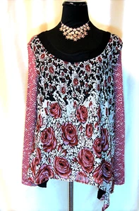 EUC Poeme Citron Santa Monica Burgundy Black Ivory Roses MIxed Material Blouse - Picture 1 of 4