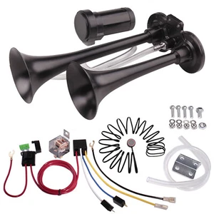 12V 150db Ultra Loud air Horn Kit Black Double Tube Horn with Wire and Button - Bild 1 von 10
