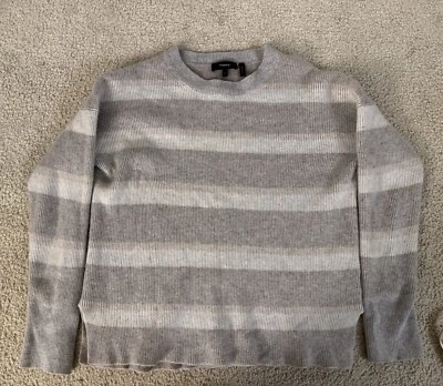 Theory Women’s Striped Crewneck 100%Cashmere Pullover Tan Gray Sweater Sz L - Image 1 of 4