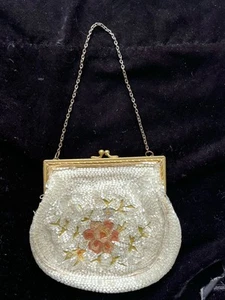 Vtg/Antique Small Cream Beaded & Petit Embroidery Evening Purse FRANCE As Is - Picture 1 of 14