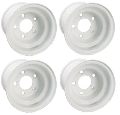 (4) Rueda de carro de golf GTW de acero de 8 pulgadas | Centrada 8x7 | Blanca | Patrón de orejetas de 5 orificios Foto 1 de 2