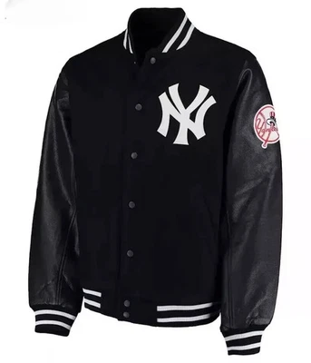 Chaqueta Universitaria Para Hombre Letterman NY Yankees Negra Lana y Cuero Genuino Mangas Foto 1 de 3