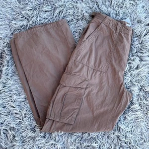 Bershka Wide Leg Cargo Pants Tan Lightweight Womens 12 100% Cotton High Waist - Picture 1 of 9