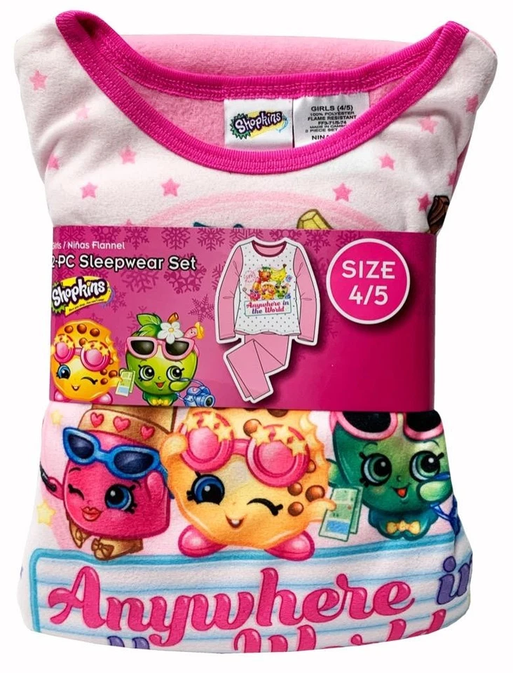New Shopkins Girls Size 4 5 Flannel 2 Piece Sleepwear Pajama Set - Image 1 of 1