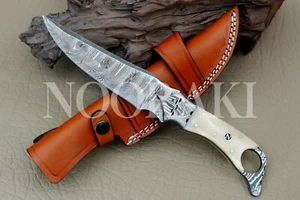Handmade Damascus Steel Full Tang Hunting Knife with Authentic Leather Sheath - Picture 1 of 6