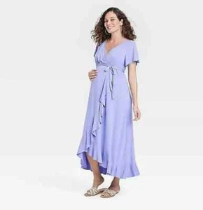 Isabel Maternity Maxi Dress Purple Flutter Ruffle Size M Comfy Office Church - Picture 1 of 8