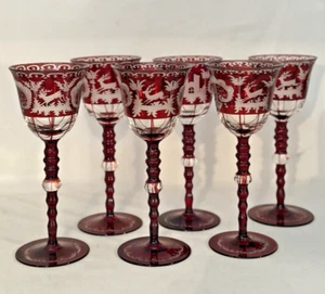 ANTIQUE EGERMANN BOHEMIA RUBY RED STAG & CASTLE ETCHED WINE GLASSES - SET OF 6 - Picture 1 of 5