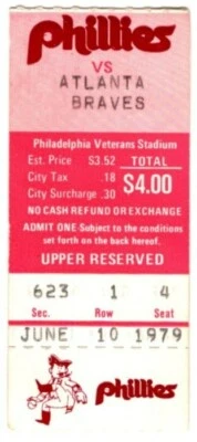 1979 PHILADELPHIA PHILLES vs ATLANTA BRAVES ticket stub NIEKRO beats CARLTON - Image 1 of 2