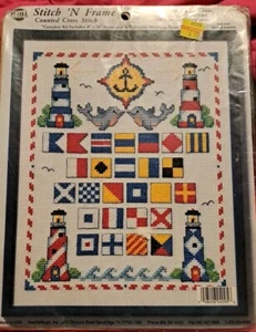 Nautical Flag Aphabet Counted Cross Stitch Kit + frame Lighthouses Dolphin NIP - Picture 1 of 2