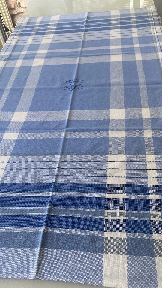 nappe à carreaux coton blanche bleu monogramme MG brodé main vintage/6394PO3 - Photo 1/4