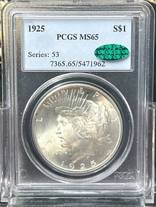 💙 1925 Peace Dollar $1 PCGS MS65 - CAC GEM BLAZER!!! 💙 - Picture 1 of 2
