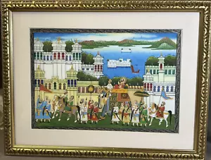 Indian Royal Procession Miniature Silk Hand Painted 13"x17" & FRAMED- BEAUTIFUL! - Picture 1 of 9