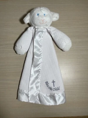 Mary Meyer White Lamb Lovey BLESS THIS CHILD Christening Blanket Cross Satin - Image 1 of 4