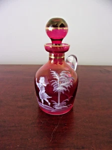 Vintage Cranberry Glass Mary Gregory Cruet With Stopper (Imperfect) - Picture 1 of 9