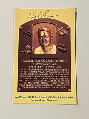 Bob Lemon Hand Signed Gold Hall Of Fame Plaque Postcard  Autograph - Image 1 of 2