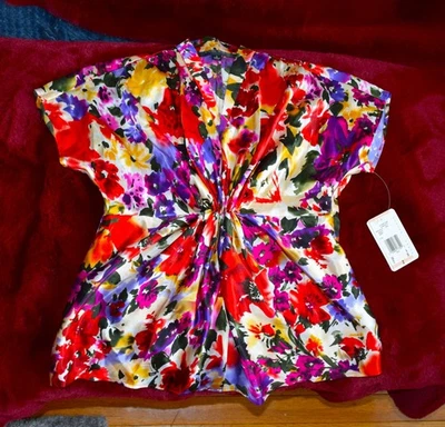 Blusa floral vibrante Anne Klein para mujer 100 % seda talla 2 cremallera lateral nueva con etiquetas Foto 1 de 4