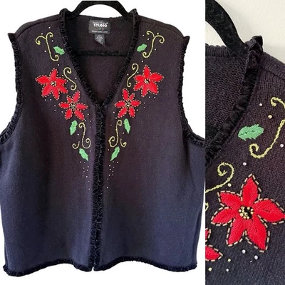 Designer Originals Embroidery Poinsettia Christmas Cardigan Sweater Vest 2X - Image 1 of 4