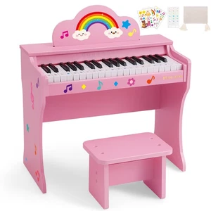 Pink 37 Keys Kids Digital Piano Keyboard Wood Toddler Music with Sticker, Stool - Picture 1 of 24