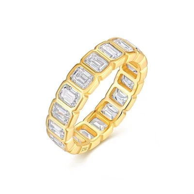 3×4mm Emerald Cut Moissanite Ring Eternity Band for Women 18K Yellow Gold Plated - Image 1 of 4
